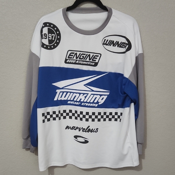 SHEIN White and Blue Long Sleeve Tee with Graphic Design - Picture 1 of 5